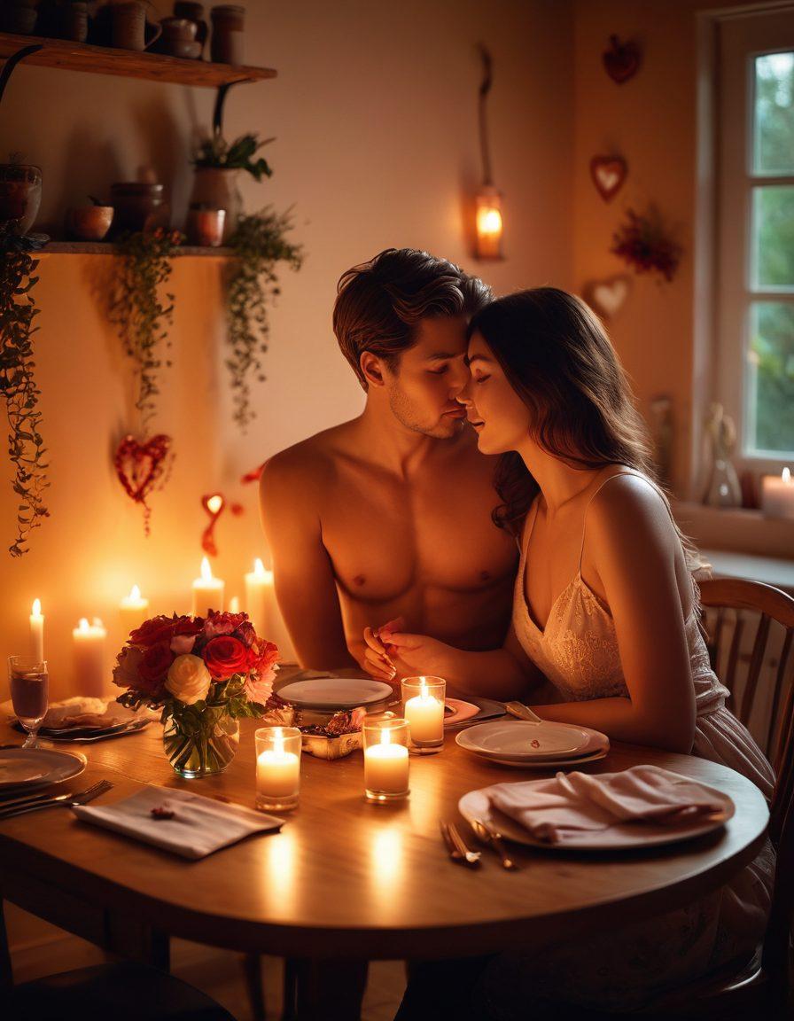 A cozy, intimate scene depicting a couple enjoying a romantic dinner with soft candlelight, surrounded by symbols of sexual wellness like heart shapes and gentle flowers. The atmosphere should exude warmth, connection, and joy, illustrating deep intimacy and pleasure in relationships. Include rich textures and colors to evoke a sense of comfort and romance. vibrant colors. warm lighting. soft focus.