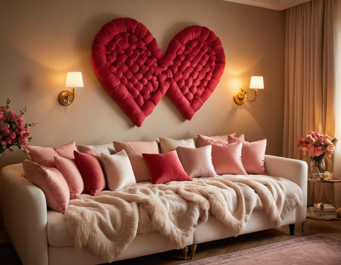 A warm, candlelit room filled with soft fabrics and plush cushions, showcasing a couple sharing an intimate moment, their laughter and connection evident. Surround them with subtle art pieces symbolizing love and passion, like heart-shaped sculptures and passionate artwork on the walls. Include gentle lighting that creates an inviting atmosphere, enhancing the romantic vibe. elegant and dreamy. soft focus. warm colors.
