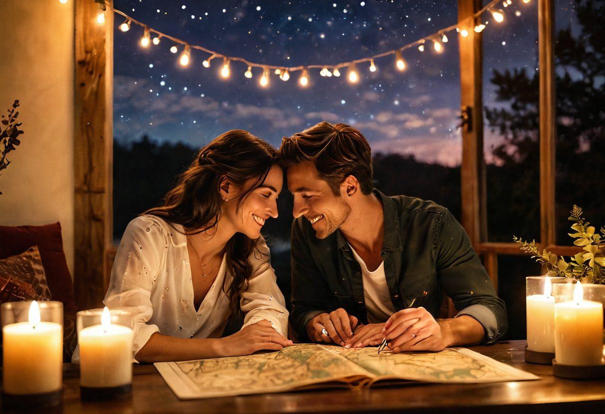 A captivating scene of two individuals sharing a moment under a starlit sky, surrounded by flickering candlelight and romantic decor. The focus is on their genuine smiles and connection, with soft, warm colors illuminating their faces. Incorporate elements of adventure, like a vintage map and a compass subtly placed nearby, symbolizing exploration and journeying together in love. evoking feelings of intimacy and adventure. vibrant colors. super-realistic.